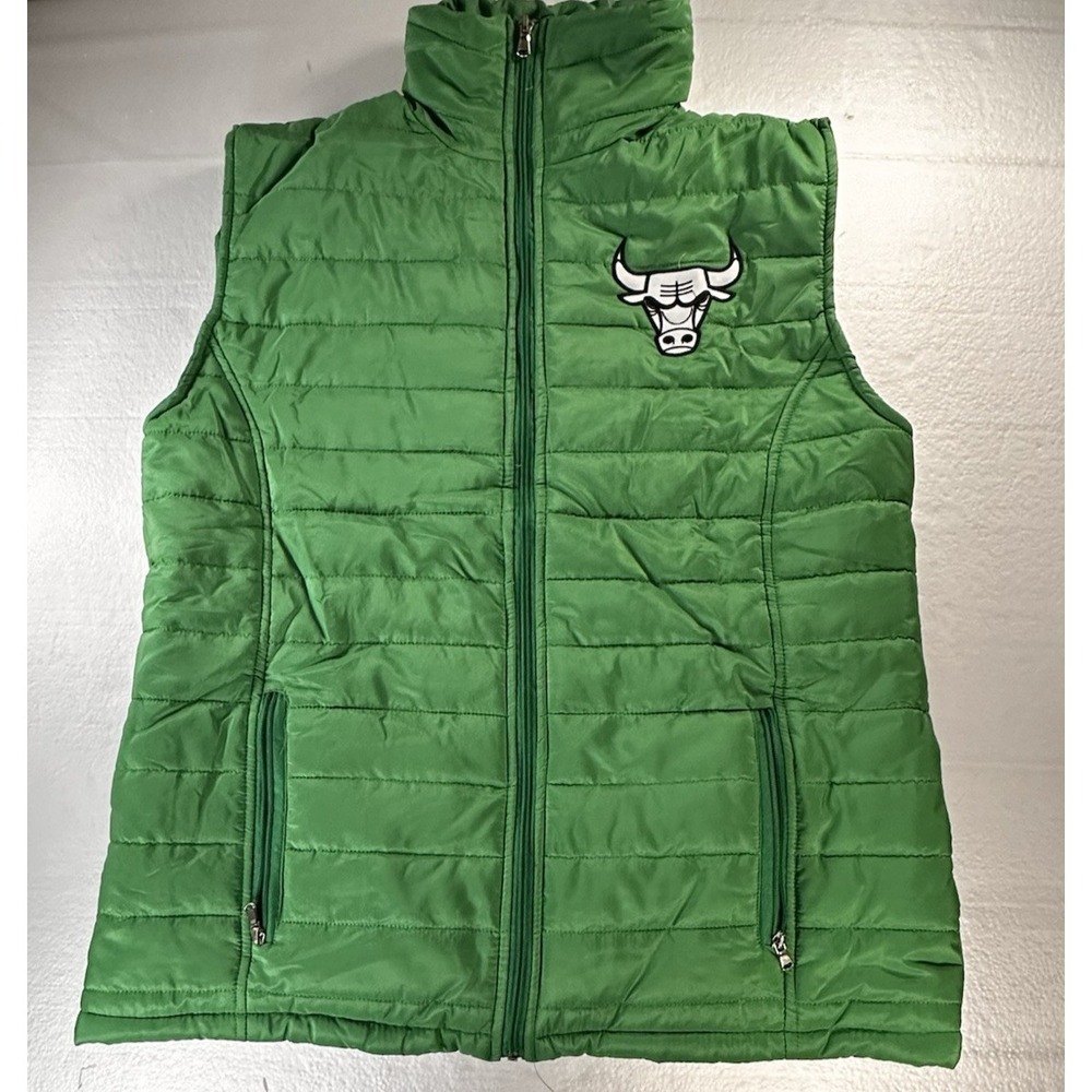 Chicago Bulls Puffer Vest Jacket‎ Mens Large Green Embroidered Sleeveless Coat